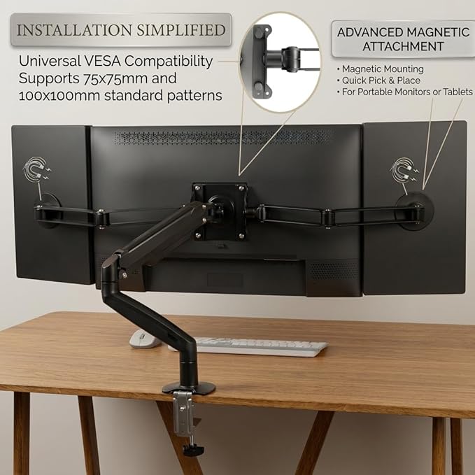 1Pcs Magnetic Side Arm Portable Monitor Mount, Adjustable Full Metal VESA Extension Arms for Triple Screen Setup, Portable Monitor Holder Side Arm Bracket for 10"-18" Tablets and External Displays