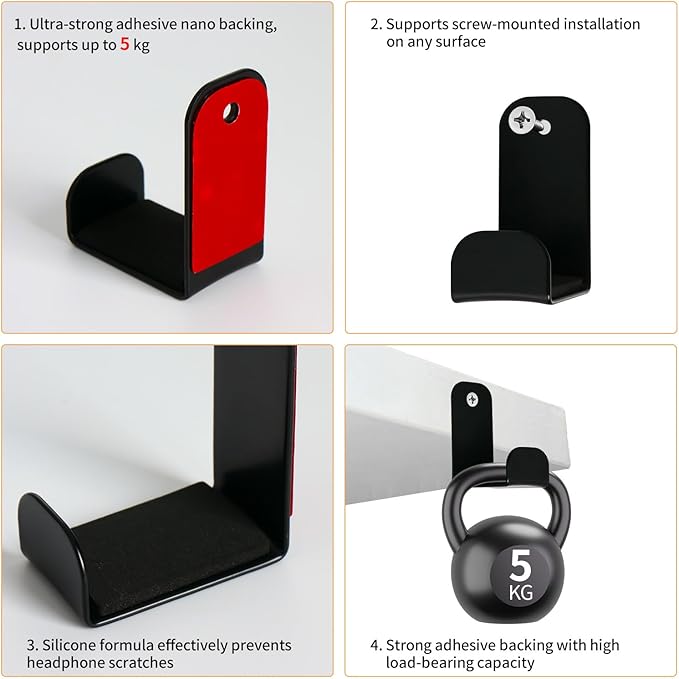 Headphone Stand, Adhesive Headphones Holder with Rubber Pad, Sticky Headset Hook for Desk or Wall, Headsets Hanger with Screws, Gaming Desk Accessories for All Headphone