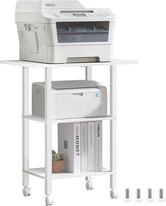 YUFAM White 3 Tier Home Printer Stand with Storage, Wooden Mobile Printer Table Shelf, Rolling Printer Cart Shelf with Lockable Wheels fit Fax Machine, Scanner