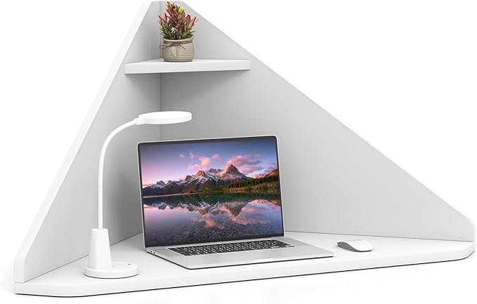 GOFLAME Floating Corner Desk, Wall Mounted Triangular Computer Desk w/Storage Shelf, Space-Saving Design, 90° Wooden Floating Home Office Desk for Writing, Working, Studying (White)
