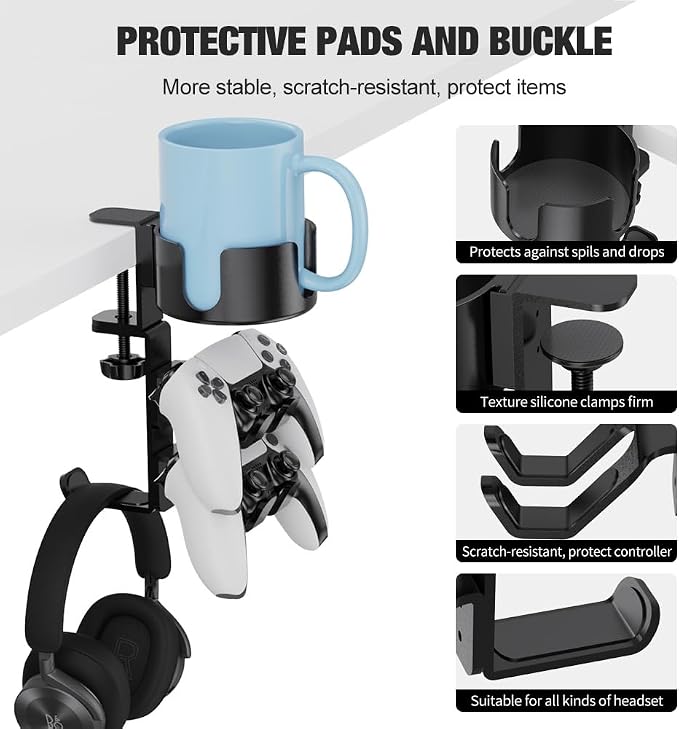 360° Rotating Controller Headphone Holder - Larger Desk Cup Holder with Adjustable Headset Hanger Controller Stand | Clamp On Desk Organizer | Gaming Pc Accessories