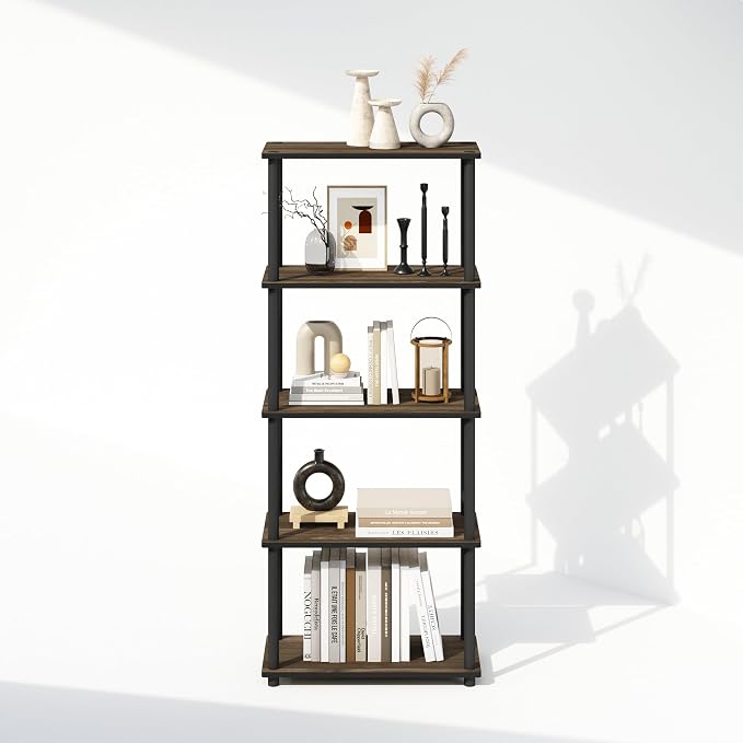 Furinno Turn-N-Tube Book Shelf, 5-Tier Bookshelf, Bookcase with Multipurpose Compact Display Rack, 11.6 x 23.6 x 57.4, for Living Room, Bedroom, Home Office, Columbia Walnut/Black