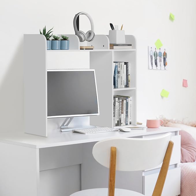 Desk Hutch Dorm White, 3-Tire Wood Desk Shelf Storage Organizer for Office Home