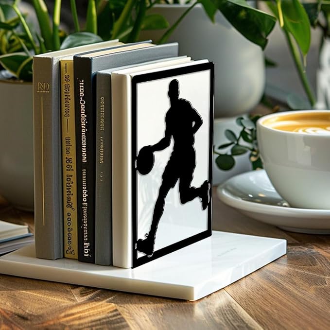 Peacoblue Metal Bookends for Shelves, Modern Decorative Heavy Duty Study Book Ends Stoppers for Office, Desk, Shelf, Room 5.3"x4.3"x7.9" Cast Iron Simple Tall Bookends 1 Pair (Basketball)