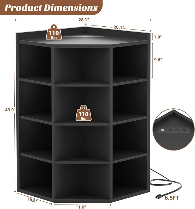 Aheaplus 5-Tier Corner Cube Bookshelf with Power Outlets, Wooden Corner Storage Cabinet with 12 Cubes, Corner Cube Organizer Shelf with Top Table, L Shaped Cubby Bookcase for Home Office, Black