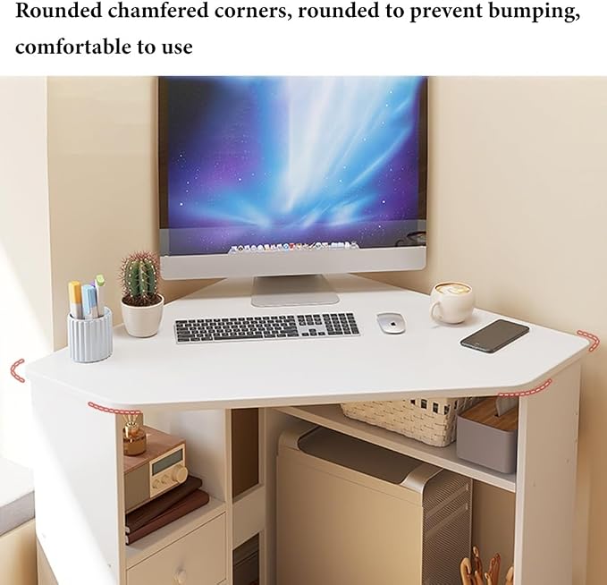 GIZNXBA Corner Desk with 3 Tier Torage Shelves, 90° Triangle Corner Table with CPU Stand for Small Space, Computer Table Makeup Vanity Desk for Home Office Bedroom (Color : /Natural, Size : 57cm)