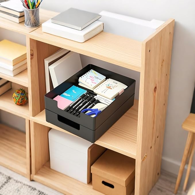 Letter-Size Tray, 2 PCS Desk Drawer Organizer, A4 Stackable Plastic Paper Tray for Office, School, Home Storage, and Storage Containers for Gift Wrap, and Crafts (2X Black)