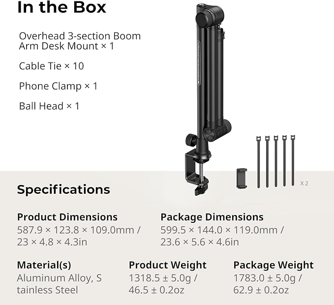 SmallRig Overhead 3-Section Desktop Camera Bracket, Damping Boom Arm Desk Mount with 360 Rotatable Ball Head, Tabletop C Clamp, Max Load to 4.4lbs / 2kg for Photography Videography Live Stream