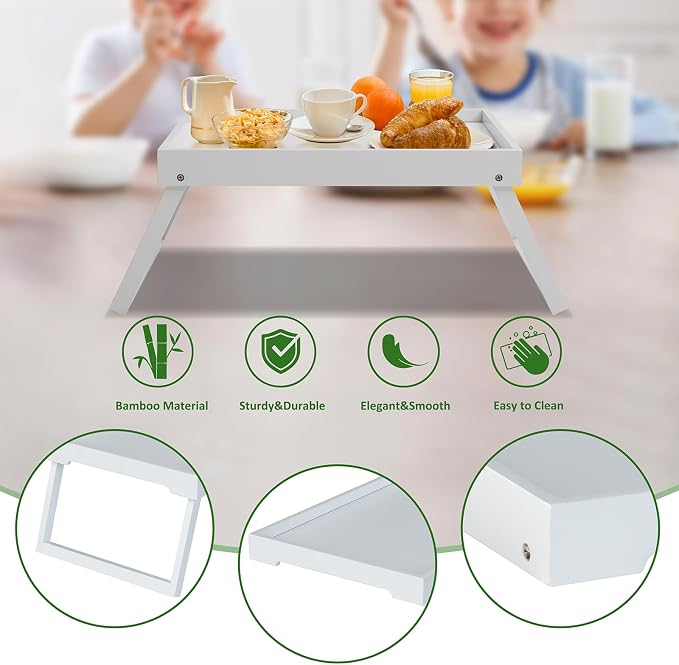 Bamboo Bed Tray Table with Foldable Legs, Breakfast Tray (White) | Laptop Desk with Folding Legs for Bed or Sofa,Food,Dinner, Serving,TV Table,Kitchen,Eating,Working