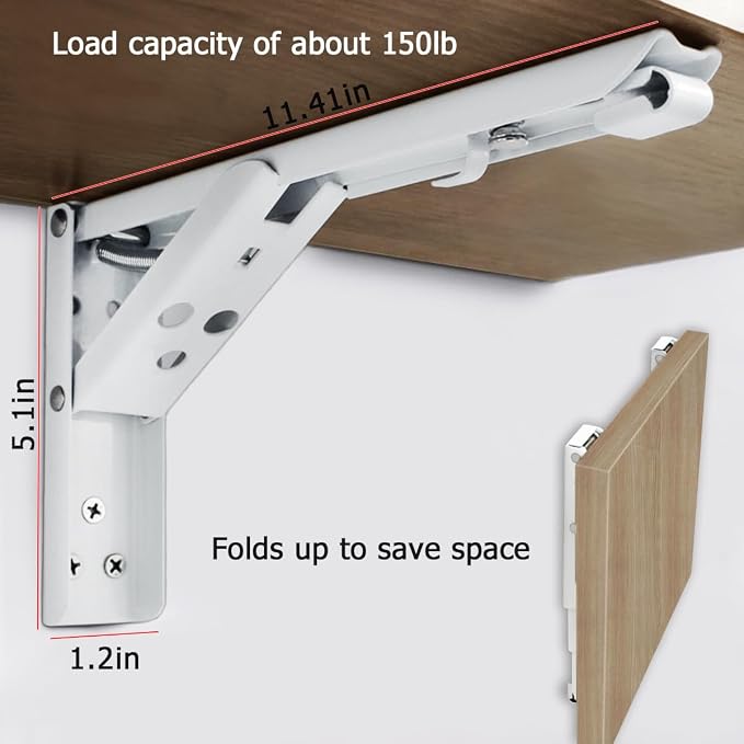 90 Degrees Wall Mounted Desk Hinges, 12" Folding, 2Pcs White | Wall mounted desk hinges for fold-down desks, laundry tables Space-saving 90° self-locking design.Ideal for DIY projects