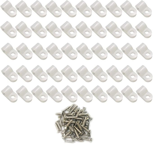Cable Clamp R-Type Cable Clip Wire Clamp 1/4-inch Nylon Screw Mounting Cord Fastener Clips with Screws for Wire Management - White - 50 Pcs