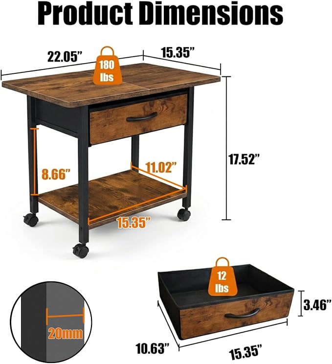 22" x 15" Under Desk Rolling Printer Stand, 2-Tier Industrial Mobile Printer Table with Strong Fabric Drawer,Storage Shelf, Steel Frame and Lockable Wheels, Printer Cart for Home Office (Rustic Brown)
