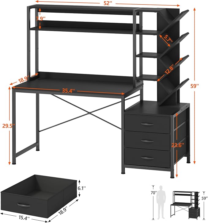 YOMILUVE Reversible Computer Desk with Hutch, Home Office Desk with Drawers and Bookshelf, 52'' Study Writing Desk with Storage Shelves for Bedroom Home Office, Black