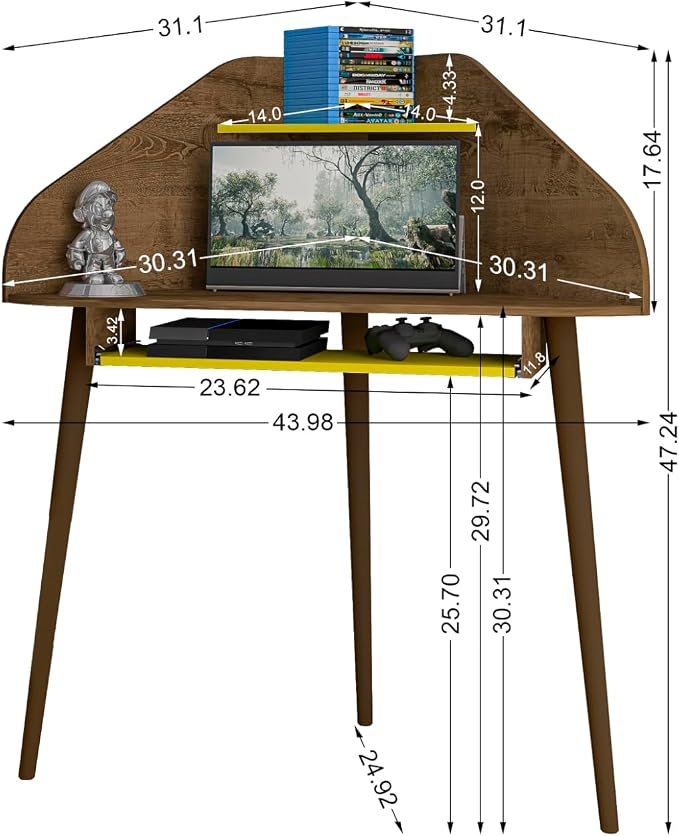 Manhattan Comfort Bradley Corner Floating Desk with Shelves & Gliding Keyboard Drawers, Wall Mounted Table for Small Spaces, Home Office and Bedroom, Mid Century Modern Design, Rustic Brown/Yellow