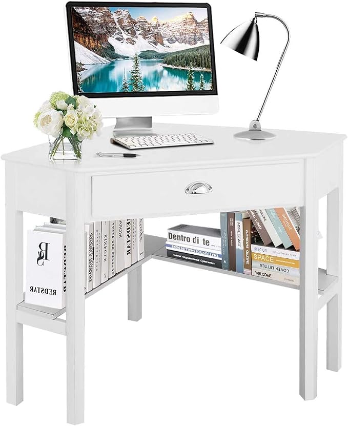 LDAILY White Corner Desk, Triangle Corner Computer Desk for Small Space, Compact Writing Desk with Storage Shelves & Drawer, Space Saving Small Makeup Vanity Desk for Bedroom, Home Office