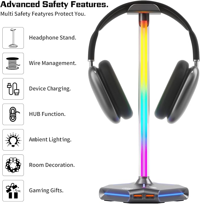 RGB Headphone Stand with 2 USB2.0 Extension Charging Port Extender Cord,Headset Stand Holder for Gamer Desktop Table Game Earphone Accessories,PC Gaming Accessories for Gamer,Gifts for Boyfriend（Grey）
