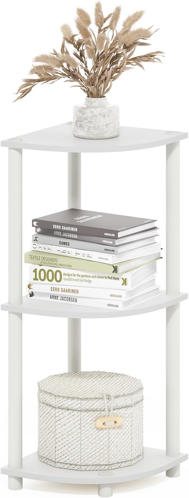 Furinno Turn-N-Tube Toolless Assembly 3-Tier Corner Shelf, White Corner Book Shelf, Open Shelves Bookshelf, for Organization and Storage, Living Room, Home Office, Bedroom, Plain White