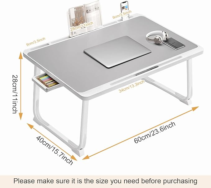 Extra Large 23 Inch Foldable Laptop Bed Desk with Storage Drawer & Bookstand, Portable Lap Tray Table for Bed Sofa Couch Floor, Multifunction Home Office Laptop Table
