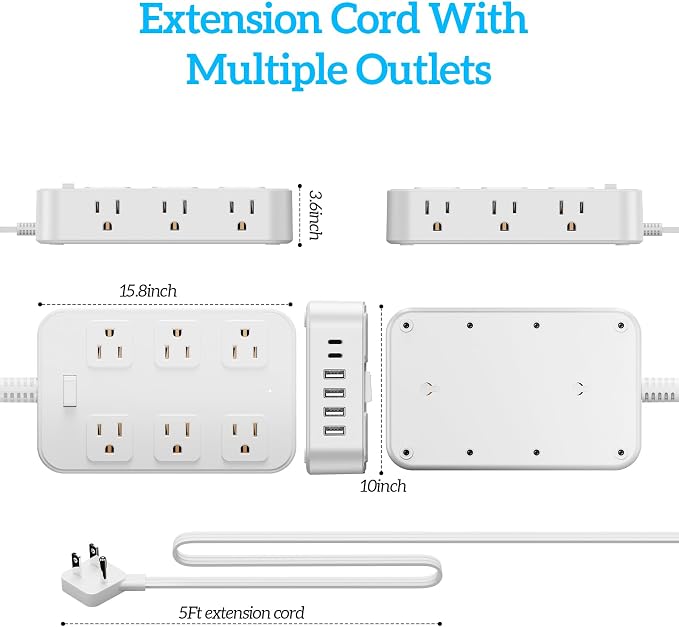 Flat Plug Power Strip Surge Protector with 12 AC Outlets 6 USB Ports 3 Side Multi Plug Outlet Extender 5 Ft Extension Cord for Home Office Kitchen Dorm Wall Desk Charging Station ETL Listed