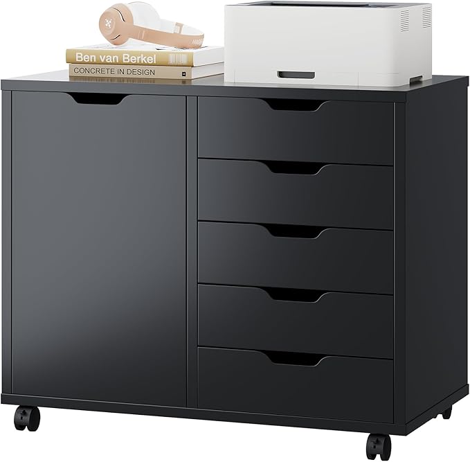 DUMOS 5-Drawer Office Storage File Cabinet Organizer with Wheels, Black | Under Desk Cabinets with Shelves and Door Printer Stand with Wood Board Metal Frame for Home Office Storage Craft Room