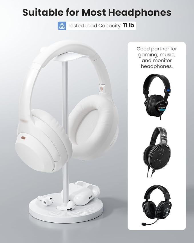 Headphone Stand, Desktop Headset Holder, White | Earphone Stand, Gaming Headphone Hanger, Enlarged Headrest Heavy Base, Office Desk Accessories for All Headphones Size