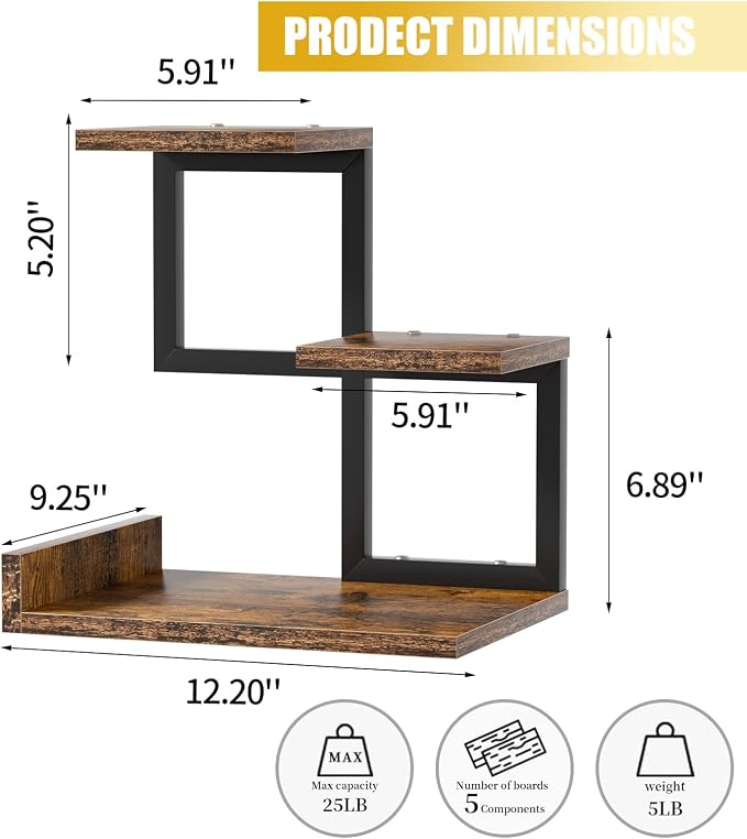 Gannyfer Office Decor Desk Shelf Organizer - Wood Desktop Shelf, Freestanding Desk Hutch, 3 Tier Storage Display Rack, Small Bookshelf with Metal Frame for Books/Plants/Toys (Rustic Brown Black)