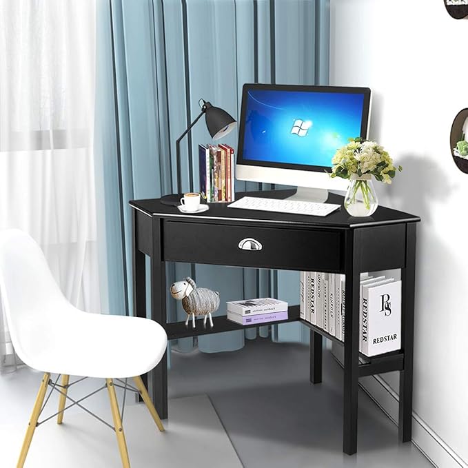 Tangkula Corner Desk, Corner Computer Desk with Drawer for Small Space, Small Corner Makeup Vanity Desk, 90 Degrees Triangle Corner Desk with Storage Shelves