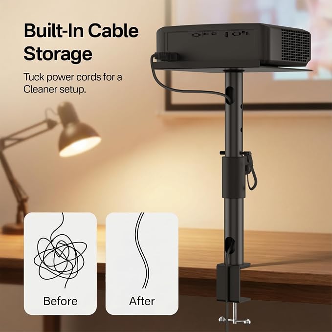 Height/Tilt/Swivel Adjustable Desktop Projector Stand Table for Aurzen Nebula XGIMI VANKYO Jinhoo AuKing Epson and Most Projectors - Desk Projector Stand Clamp on Desktop Wr Headphone Holder, Single