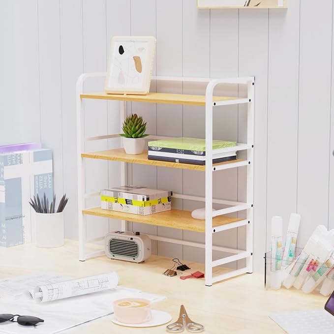 Office Desk Shelf Organizer, Wood Desktop Bookshelf Supplies Storage Rack, Shelf for Top of Desk and Dresser and Cubicle Decor Aesthetic Bookshelf (White Wood, Three Tier, 19.69Lx7.87Wx22.05H)