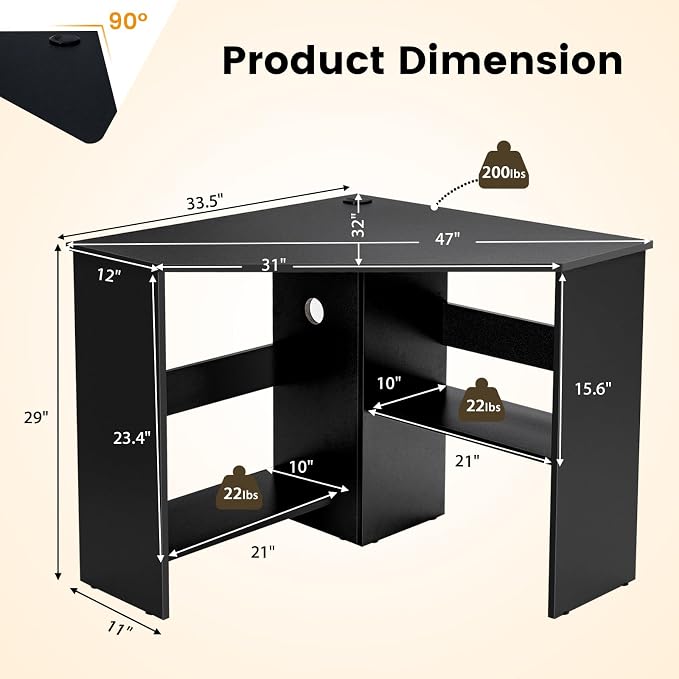 HOMGX Corner Computer Desk, Triangle Desk with Storage Shelves, Small Corner Desk for Small Spaces, Corner Vanity Desk for Home, Bedroom, Living Room, Office (Black)