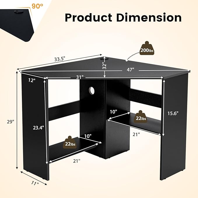 LDAILY Corner Desk with Storage Shelves & Cable Holes - Space-Saving Computer Table for Small Spaces, Home Office, Living Room, Bedroom (Black)