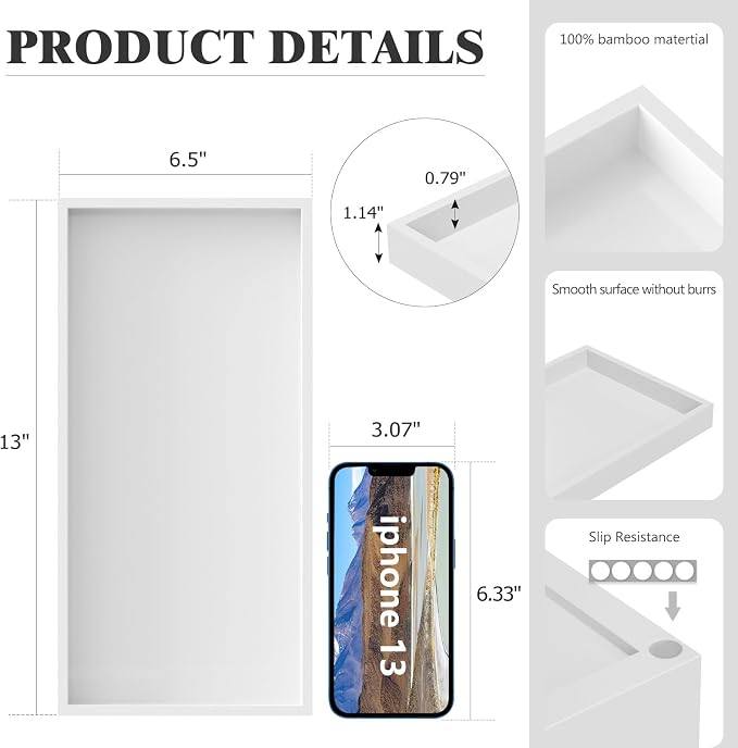 ZHWS Bathroom Vanity Tray for Countertop Perfume Makeup Jewelry Candle Decor, Kitchen Tray for Soap Dispenser Spice Salt, Large Tray for Toilet Tank Paper, Serving Nightstand White 13”x6.5”