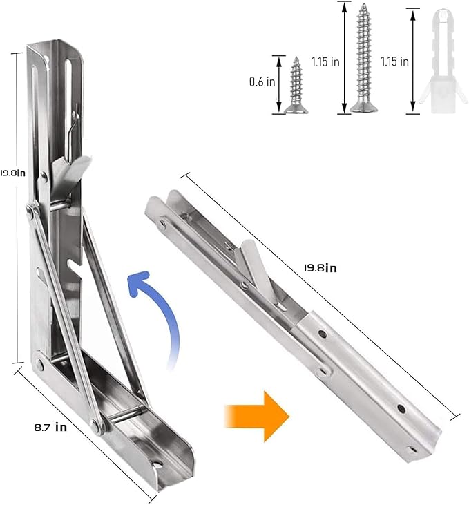 Folding Shelf Brackets 20 inch 2 Pcs - Heavy Duty Stainless Steel DIY Wall Mounted Collapsible Shelf Bracket, Space Saving for Garage Workstation, Stuff Supports, Table, Workbench