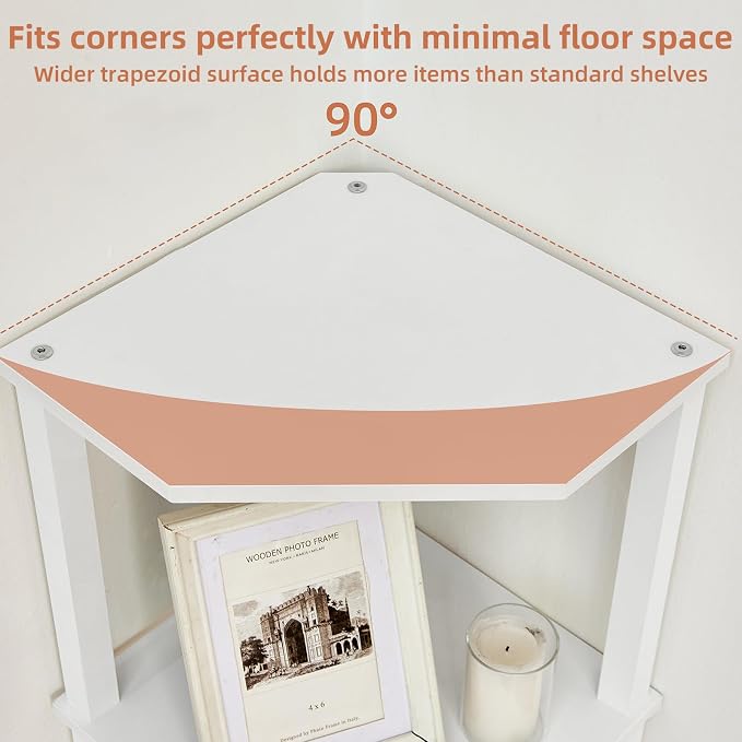 YUFAM 3-Tier Corner Shelf with Sturdy 5-Leg Base, Wooden Corner Bookshelf for Small Spaces, Small Corner Table for Living Room, Bedroom, Office, White