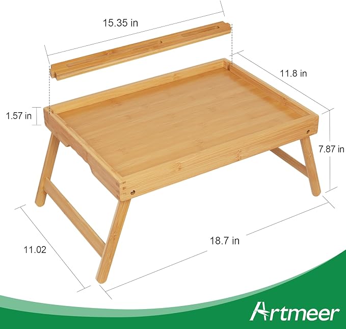 Bed Tray Table with Handles Folding Legs, Bamboo Breakfast Food Tray with Media Slot, Use As Platter, Laptop Desk, Snack, TV Tray Kitchen Serving Tray(Bamboo Medium)