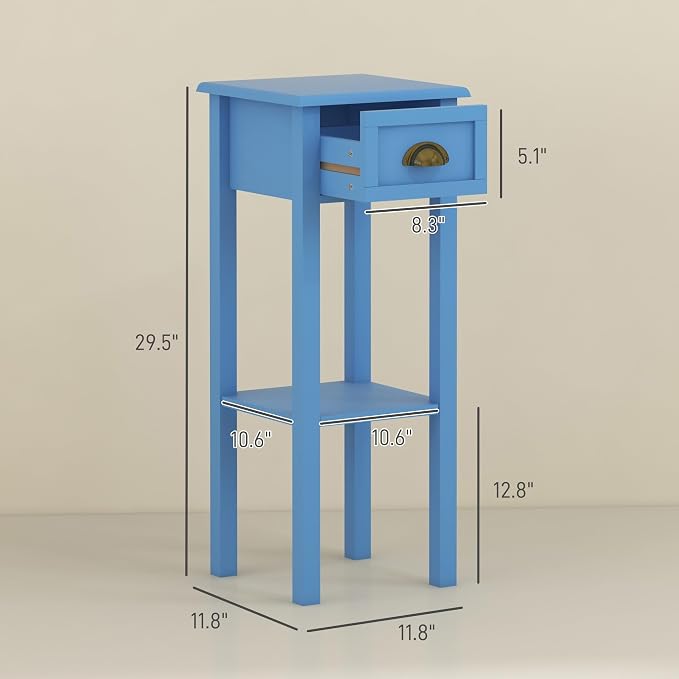 HOMCOM Narrow End Table with Drawer and Bottom Shelf, Slim Side Table for Small Spaces, Skinny Modern Accent Desk for Living Room, Set of 1, Light Blue