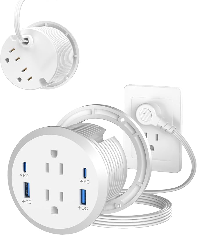 Jgstkcity Power Strip,Flush Mount Recessed Power Grommet,65W USB C Fast Charging,3-Inch Hole, 4 Outlets & 4 Ports, Ideal for Desktop & Countertop Outlet,Dual-Sided (White, 6FT)