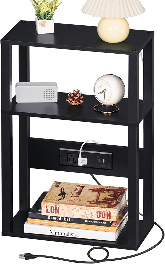 YUFAM 3-Tier Small Narrow Wood Side Table Set of 2 with Charging Station - Skinny Nightstand for Small Spaces, Slim Bedside Table with USB Ports and Outlets - Thin End Table with Storage, Black