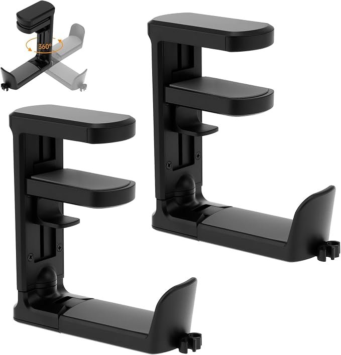 2pcs Under Desk Headphone Hanger Holder Utility Hook 360° Rotating Adjustable Clamp-on Earphone Hook Holder Mount Cable Clip Organizer Fit for PC Gaming Office Headset Hanger Gift (Black)