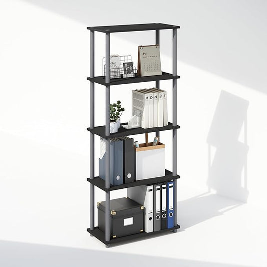 Furinno Turn-N-Tube Book Shelf, 5-Tier Bookshelf, Bookcase with Multipurpose Compact Display Rack, 11.6 x 23.6 x 57.4, for Living Room, Bedroom, Home Office, Black/Grey