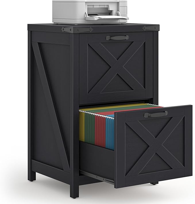 Halitaa 2 Drawer Small File Cabinet, Farmhouse Vertical Filing Cabinet Fits Letter and A4 Size, Under Desk Wooden File Cabinets for Home Office, Printer Stand, Black