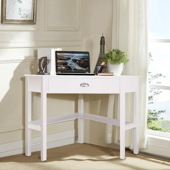 Corner Computer Desk, Space-Saving Table With Drawer & Shelves, Home Office 90 Triangle Workstation, Modern Makeup Vanity, Small Desk for Small Spaces (White)