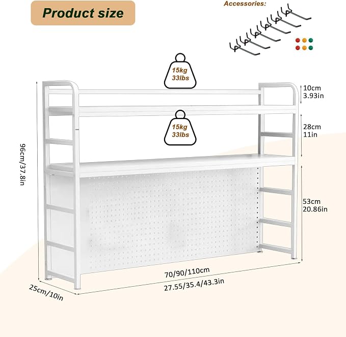 2-Tier Desktop Bookshelf Hutch - Metal Desk Shelf Bookcase with Desk Pegboard Countertop Storage Organizer Rack for Dorm or Office (B, 70cm/27.5in)
