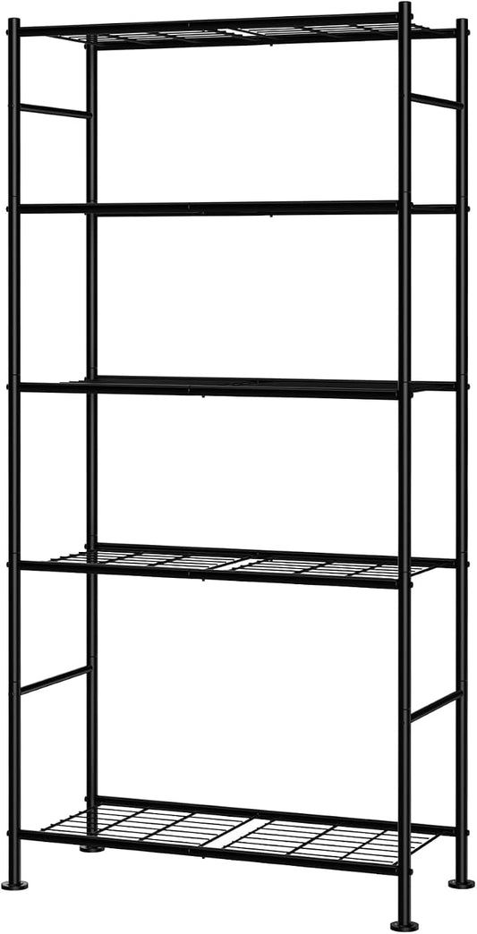 Sakugi Storage Shelves - 5 Tier Shelf Organizer, Sturdy Metal Garage Shelving with Adjustable Leveling Feet, Space-Saving Shelves Organizer for Pantry, Laundry, Kitchen (32" x 12" x 71", Black)