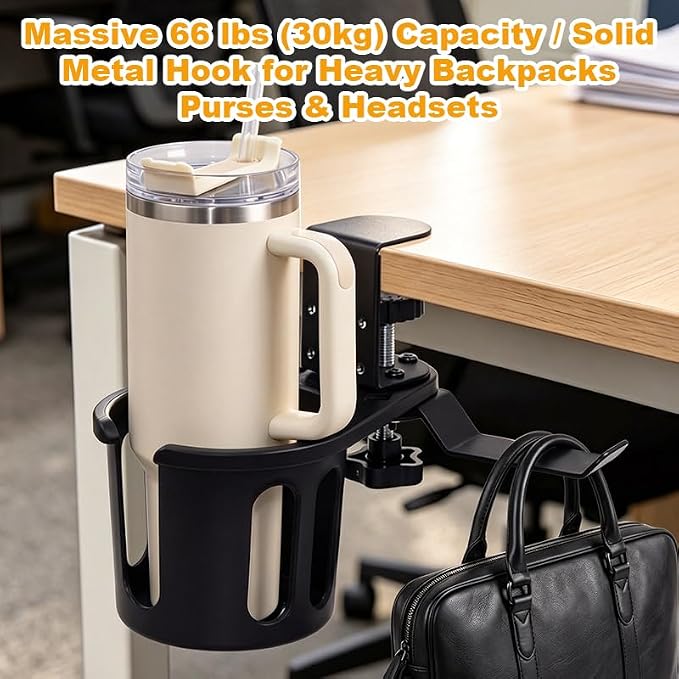 2-in-1 Desk Clamp Deep Cup Holder with Headphone Hanger, Anti-Spill Clip On Drink Holder for Table, Heavy Duty Metal Hook Mount Attachment (66 lbs), Gaming Desk Accessories
