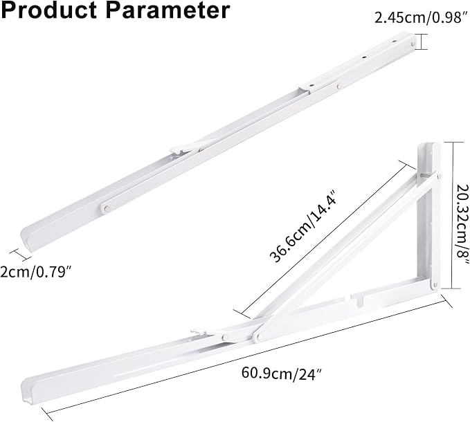 YUMORE 24 Inch Folding Shelf Brackets, Heavy Duty L Bracket, White DIY Collapsible Shelf Bracket for Workbench Folding Table Hinge, Max Load: 330lb, 2 Pack