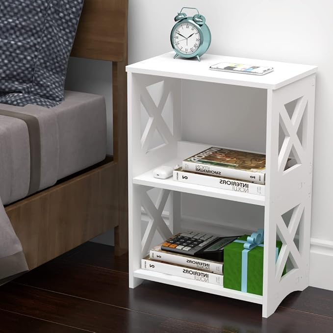 Side Table, Narrow End Table with Storage Shelf, Minimalist Bedside Tables Nightstand, Small Bookshelf Bookcase, Bathroom Shelves, Display Rack for Bedroom, Living Room, Office, White.