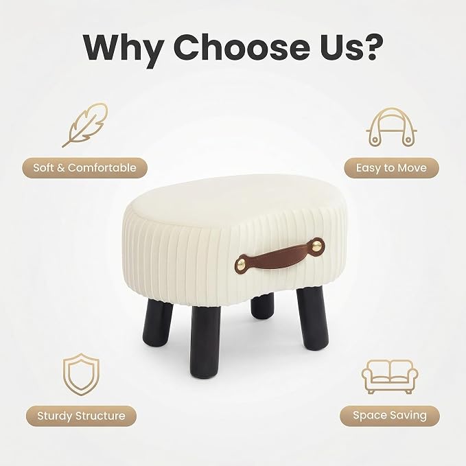 Foot Stools Small, White Ottomon with Handle, Velvet Footrest | Curved Foot Stool with Padded Seat Wooden Legs, Portable Foot Rest for Living Room, Bedroom, Entryway (White)
