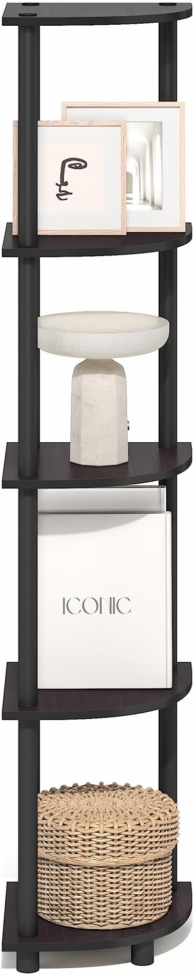 Furinno Turn-N-Tube Corner Shelf, 5-Tier Corner Bookshelf, Open Storage Shelves, for Organization and Storage, Living Room, Home Office, Garage, Bedroom, Dark Mocha
