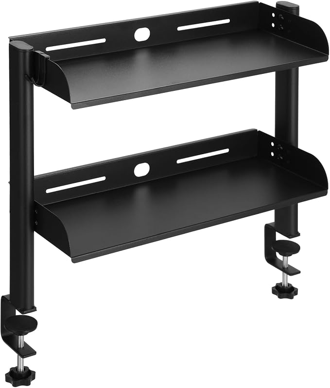 Clamp On Desk Shelf, 2-Tier Carbon Steel Storage Rack with Hooks, Adjustable Office Desk Organizer, No-Drilling C Clamp Desktop Shelf for Home, Office